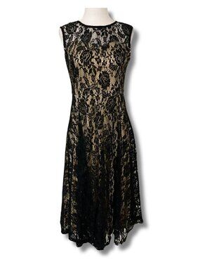 MAI TAI Black mesh floral lace a-line dress w/ beige underlay goth SMALL MEDIUM